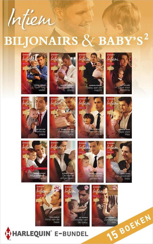 Boekomslag met de titel 'Intiem Biljonairs & Baby's 2', met collage van tien kleine boekomslagen met koppels en baby's.
