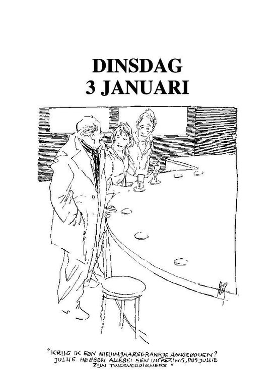 Mensen bij een bar, met tekst "Krijg ik een Nieuwjaarsdrankje aangeboden? Jullie hebben allebei een uitkering, dus jullie zijn tweeverdieners"