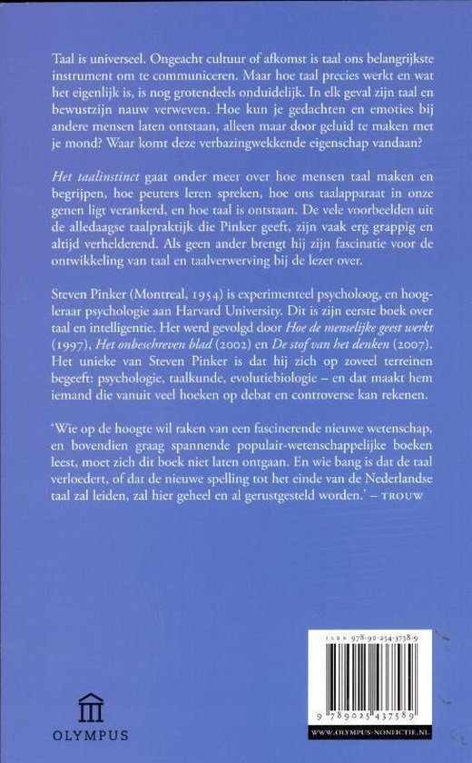 Achterkant boek "Het Taalinstinct" van Steven Pinker met tekst over taal en psychologie. ISBN 978-90-254-3575-9.