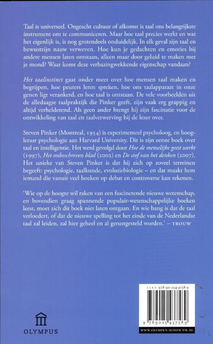 Achterkant boek "Het Taalinstinct" van Steven Pinker met tekst over taal en psychologie. ISBN 978-90-254-3575-9.
