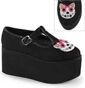 Click-04-1 Platform with T-strap and kitty felt and satin bow black suede - (EU 37 = US 7) - Demonia