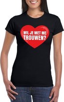 Huwelijksaanzoek t-shirt Wil je met me trouwen zwart dames XS