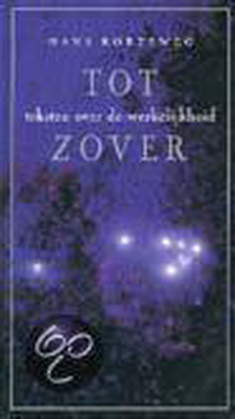 Boek 'Tot zover' met een paarse, wazige achtergrond van bomen en lichtjes. Grijze tekst 'Daniil Kharms' en 'teksten over de werkelijkheid'.