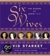 Boekcover van 'Six Wives' door David Starkey, met portretten van zes vrouwen in een paars kader.