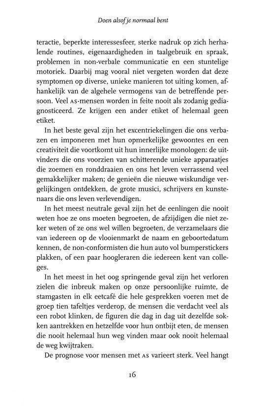 Bladzijde 16 met tekst over symptomen van Asperger-syndroom bij kinderen en volwassenen, zoals problemen met sociale interactie en communicatie.