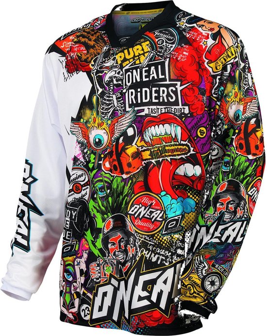 Wit shirt met lange mouwen en kleurrijke, gedurfde stickers. "O'Neal Riders" en diverse cartoonfiguren.