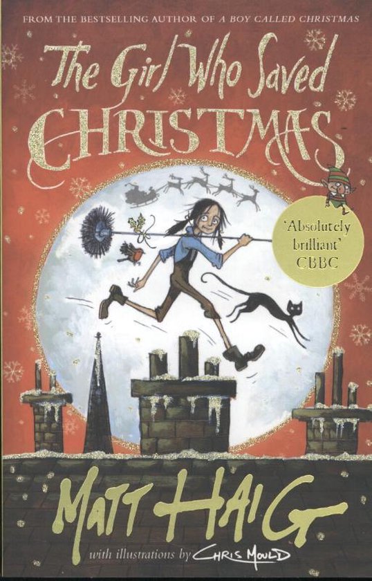 Couverture du livre 'The Girl Who Saved Christmas' avec une fille sautant par-dessus des cheminées lors d'une nuit de Noël.