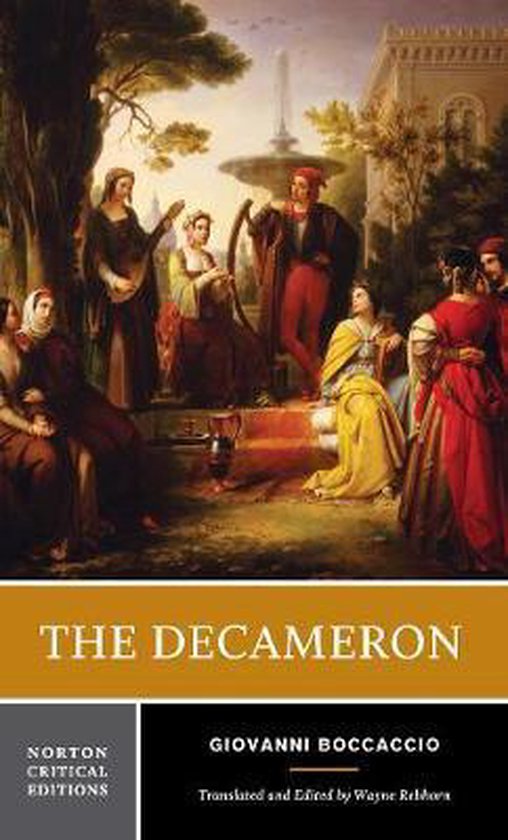 Boek 'The Decameron' van Giovanni Boccaccio, met een schilderij van een groep mensen in renaissancekleding in een tuin.