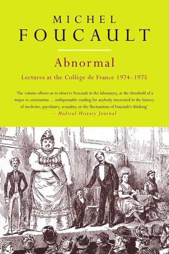 Boek 'Abnormal' van Michel Foucault, met een illustratie van een menigte en een bonte groep figuren in 19e-eeuwse kledij.