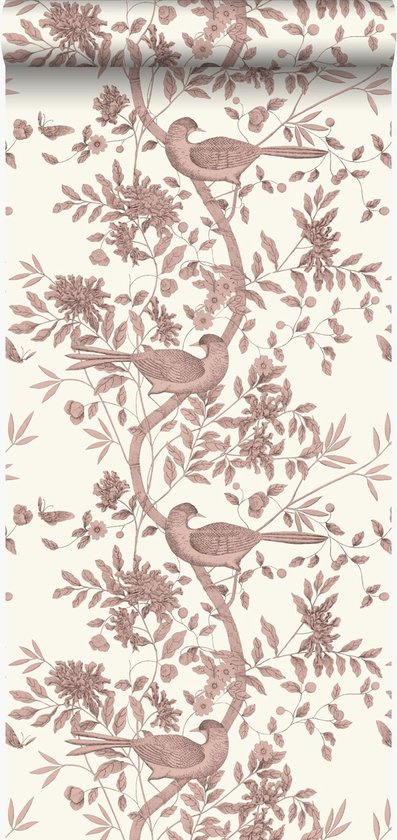 Origin behang vogel gravure ivoor wit en glanzend koper bruin | 347457 | 53 x 1005 cm|