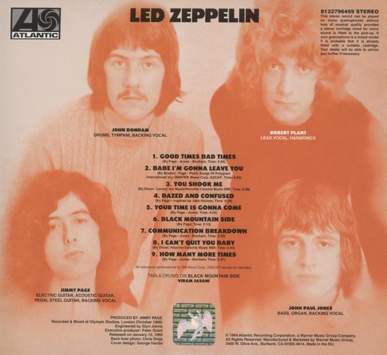 Led Zeppelin albumhoes met portretten van de bandleden John Bonham, Robert Plant, Jimmy Page en John Paul Jones.
