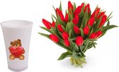 25 rode tulpen boeket in luxe vaas met opdruk beer