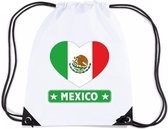 Mexico nylon rijgkoord rugzak/ sporttas wit met Mexicaanse vlag in hart