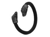 SILK Jewellery - Zilveren Armband / Bangle Slang - Fierce - S24.M - zwart leer rhodium - Maat  M