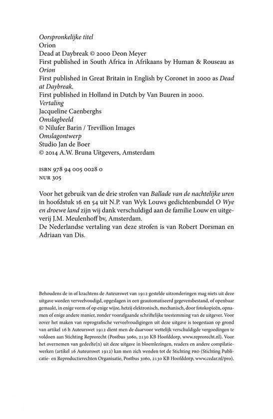 Titelpagina met informatie over 'Orion', vertalingen en uitgeversgegevens.