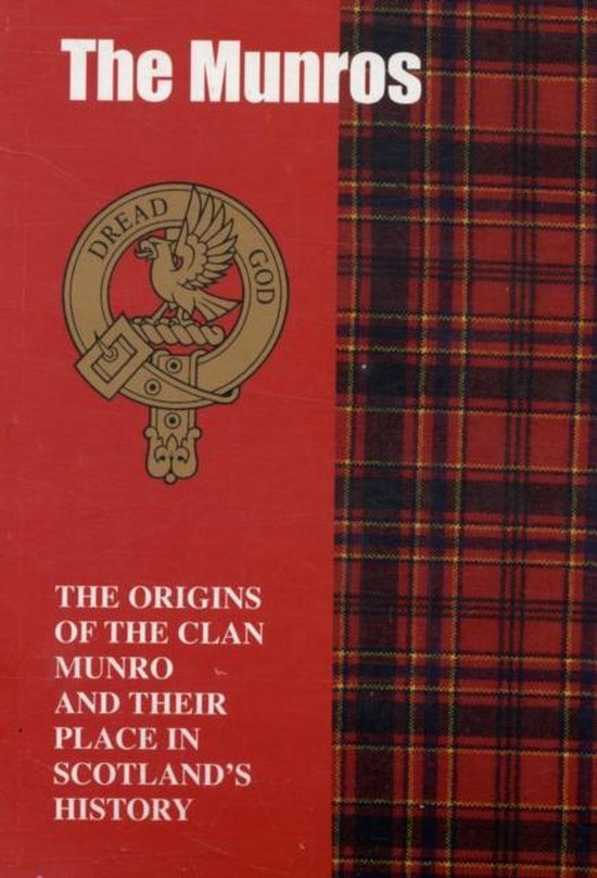 Rood boek getiteld The Munros met een clanembleem en ruitpatroon aan de zijkant.