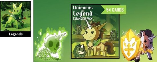Kaarten van 'Unicorns of Legend'. Een lichtgroene eenhoorn met een gouden schild en een paarse eenhoorn met een gouden schild. Een groene skelet eenhoorn met een gloeiende hoorn.