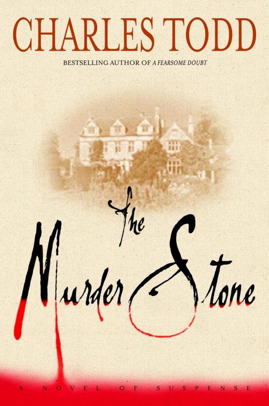 Boekcover van 'The Murder Stone' met een sepia-afbeelding van een landhuis en de titel in rood en zwart. 'Charles Todd' staat bovenaan.