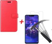 Huawei P Smart Plus (2018) Portemonnee hoesje rood met Tempered Glas Screen protector