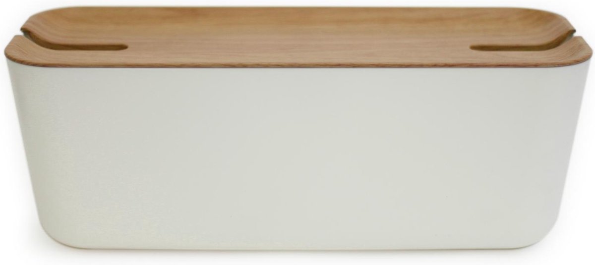 Bosign opbergbox XL | oplaadbox | kabelbox– medium – wit/houten deksel - 45 x 18 x 17 cm