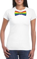 Wit t-shirt met regenboog strikje dames  - LGBT/ Gay pride shirts S