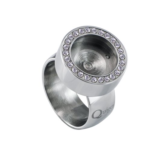 Quiges RVS Schroefsysteem Ring met Zirkonia Zilverkleurig Glans 20mm met Verwisselbare Glitter Champagne 12mm Mini Munt