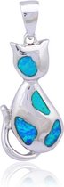 Geshe®-Synthetische opaal hanger voor ketting zilverkleurige kat met blauwe vuur|bijzondere poes ketting hanger|vrouwen en meisjes|mooie cadeautjes|