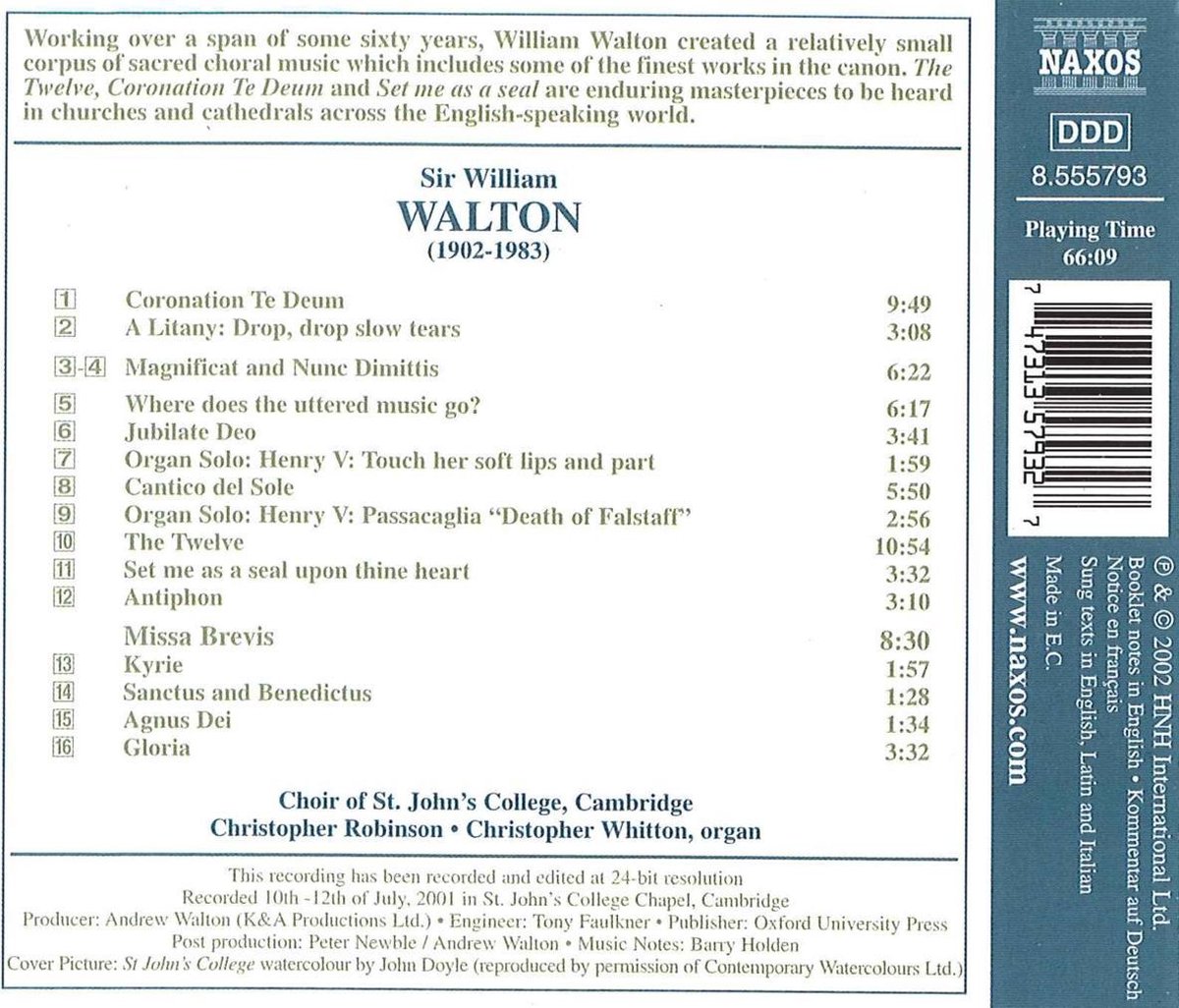English Choral Music Walton The Twelve etc / Christopher Robinson