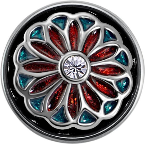 Quiges - Dames Click Button Drukknoop 18mm Zirkonia Bloem Zee Blauw en Rood - EBCM054