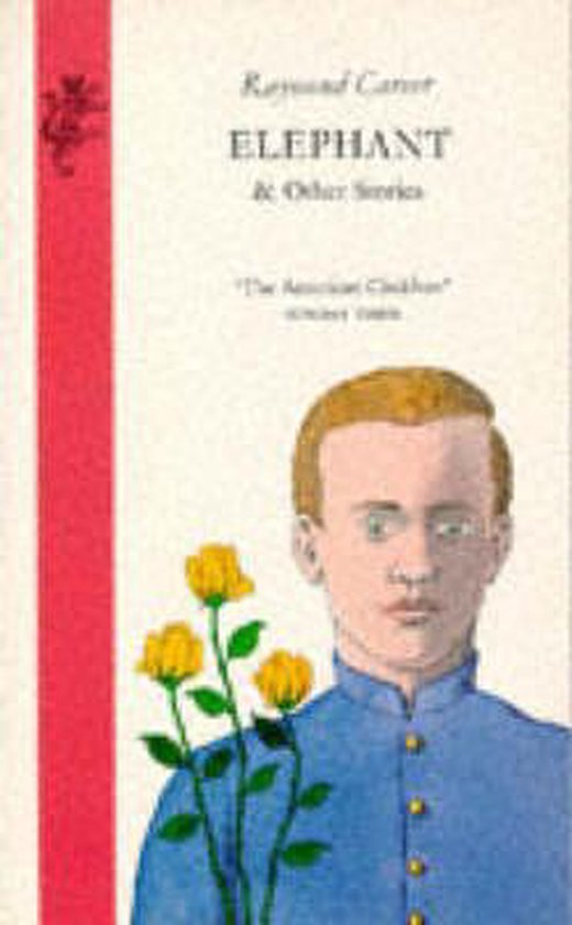 Boekcover van 'Elephant & Other Stories' met een illustratie van een jongeman met een blauw pak en gele bloemen.