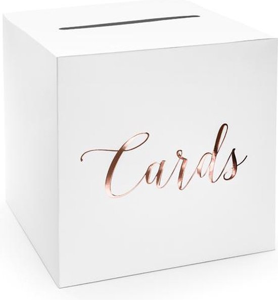Witte kaartendoos met de tekst 'Cards' in rosé goudfolie.