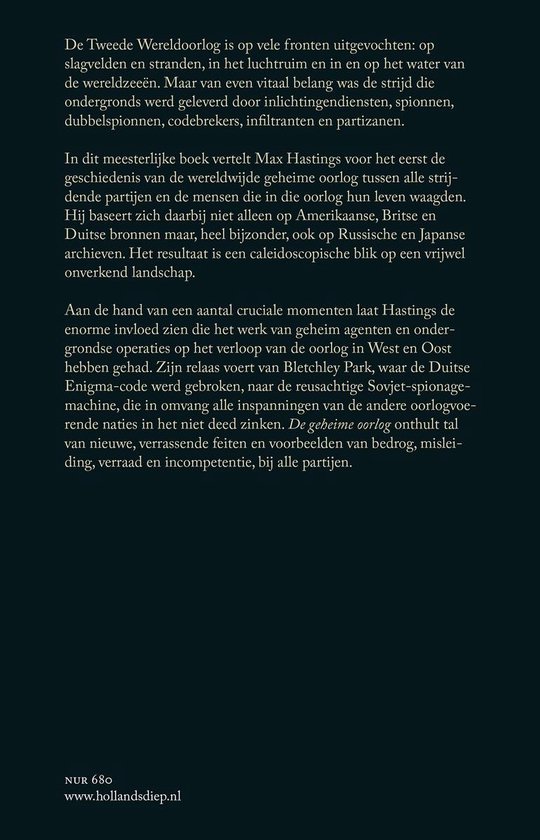 Achterkant boek De geheime oorlog met tekst over de Tweede Wereldoorlog, spionage en codes.