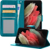 Samsung S21 Ultra Hoesje Book Case Hoes - Samsung Galaxy S21 Ultra Case Hoesje Portemonnee Cover - Samsung S21 Ultra Hoes Wallet Case Hoesje - Turquoise
