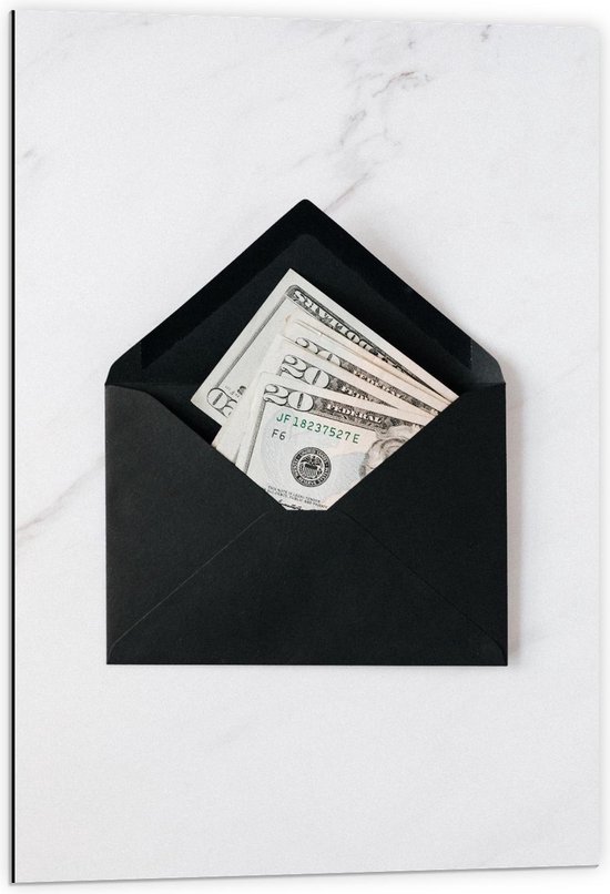 Dibond - Bankbiljet in Zwarte Envelop - 60x90cm Foto op Aluminium (Wanddecoratie van metaal)