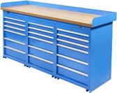 Datona® Werkbank PRO - eiken werkblad - 18 lades - 200 cm -  Blauw