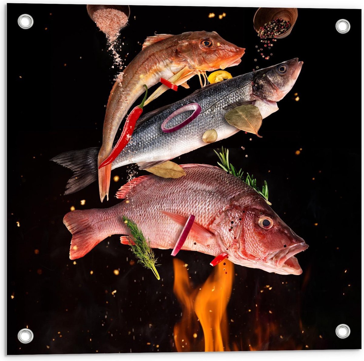 Tuinposter – Vissen met Specerijen op de BBQ - 50x50cm Foto op Tuinposter (wanddecoratie v