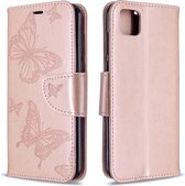 Voor Huawei Y5P / Honor 9S Twee Vlinders Embossing Patroon Horizontale Flip Leren Case met Houder & Kaartsleuf & Portemonnee & Lanyard (Rose Goud)