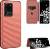 Voor Samsung Galaxy S20 Ultra Koolstofvezel Textuur Magnetische Horizontale Flip TPU + PC + PU Leren Case met Touw & Kaartsleuf (Bruin)