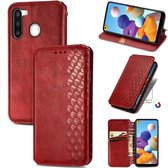 Voor Samsung Galaxy A21 (EU-versie) Cubic Grid Pressed Horizontal Flip Magnetic Leather Case met houder & kaartsleuven & portemonnee (rood)