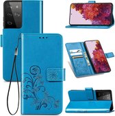 Vierbladige sluiting reliëf gesp Mobiele telefoon bescherming lederen tas met lanyard & kaartsleuf & portemonnee & beugel functie voor Samsung Galaxy S30 Ultra (blauw)