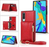 Voor Huawei P30 Vierkante Rits Portemonnee Tas TPU + PU Achterkant Case met Houder & Kaartsleuven & Portemonnee & Cross-body Riem (Rood)