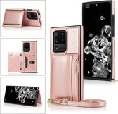 Voor Samsung Galaxy S20 Ultra Vierkante Rits Portemonnee Tas TPU + PU Achterkant Case met Houder & Kaartsleuven & Portemonnee & Cross-body Riem (Rose Glod)