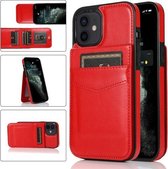 Effen kleur pc + TPU beschermhoes met houder en kaartsleuven voor iPhone 12 mini (rood)