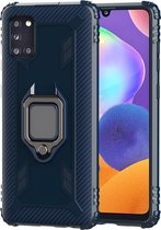 Voor Samsung Galaxy A31 koolstofvezel beschermhoes met 360 graden roterende ringhouder (blauw)