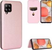 Voor Samsung Galaxy A42 5G Koolstofvezel Textuur Magnetische Horizontale Flip TPU + PC + PU lederen tas met kaartsleuf (roze)