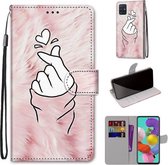 Voor Samsung Galaxy A51 Gekleurde Tekening Cross Textuur Horizontale Flip PU Lederen Case met Houder & Kaartsleuven & Portemonnee & Lanyard (Pink Hands Than Hearts)