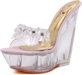 Dames Diamond 14cm Hoge hakken Slippers Crystal Waterproof Antislip Bodem Dikke sandalen, Schoenmaat: 40 (roze)
