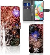 Portemonnee Hoesje Geschikt voor Samsung Galaxy A71 Smartphone Hoesje Kerstcadeau Vuurwerk