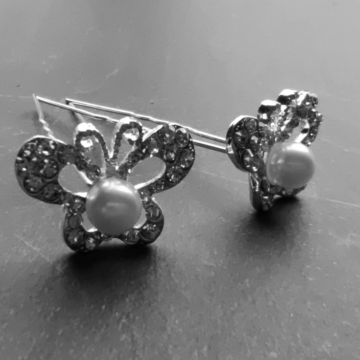 PaCaZa - Zilverkleurige Hairpins - Butterfly - Diamantjes en Ivoorkleurige Parel - 5 stuks
