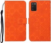 Voor Samsung Galaxy A02s etnische stijl reliëf patroon horizontale flip lederen tas met houder & kaartsleuven & portemonnee & lanyard (oranje)